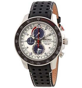 Men's Seiko watch, black perforated leather strap, white dial with subdials and red accents