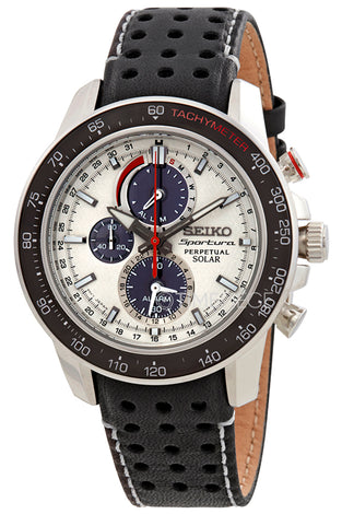 Men's Seiko watch, black perforated leather strap, white dial with subdials and red accents