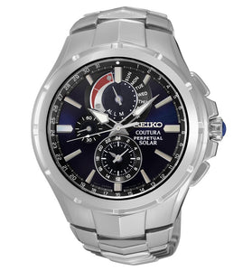 Men's solar watch with dark blue dial, red accent, silver metal bracelet.