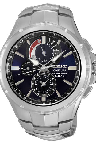 Men's solar watch with dark blue dial, red accent, silver metal bracelet.