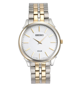 Men's two-tone Seiko solar watch with white dial, gold markers, steel bracelet