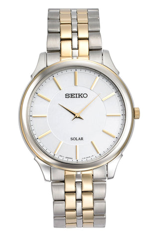 Men's two-tone Seiko solar watch with white dial, gold markers, steel bracelet