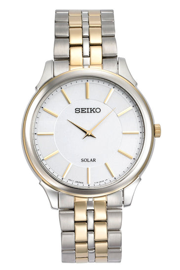 Men's two-tone Seiko solar watch with white dial, gold markers, steel bracelet