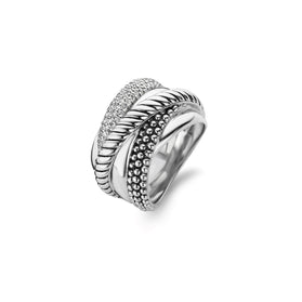 Sterling silver multi-band ring with ribbed and bead-textured accents