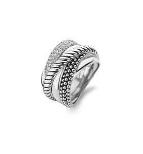 Sterling silver multi-band ring with ribbed and bead-textured accents