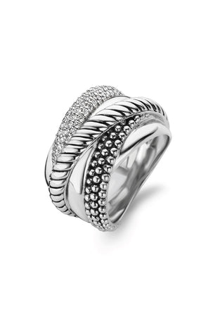 Sterling silver multi-band ring with ribbed and bead-textured accents