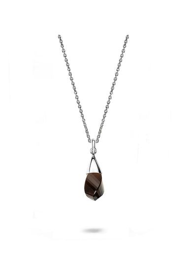 Sterling silver pendant with twisted pear smokey quartz stone, hanging on chain