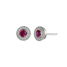 Sterling silver halo stud earrings with pink lab ruby center and crystal border