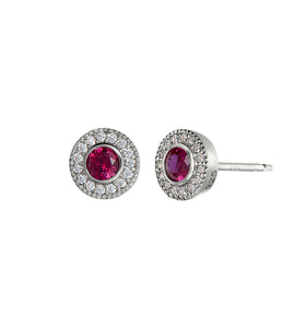 Sterling silver halo stud earrings with pink lab ruby center and crystal border