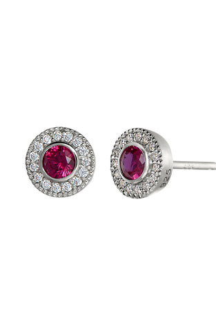 Sterling silver halo stud earrings with pink lab ruby center and crystal border