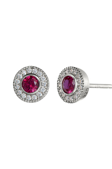 Sterling silver halo stud earrings with pink lab ruby center and crystal border