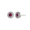 Sterling silver halo stud earrings with pink lab ruby center and crystal border