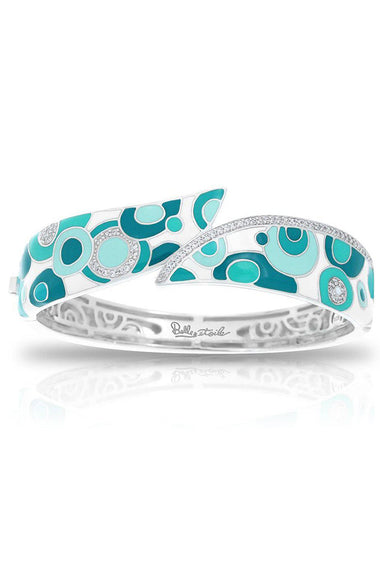 Sterling silver bangle with turquoise enamel geometric pattern and engraved sides