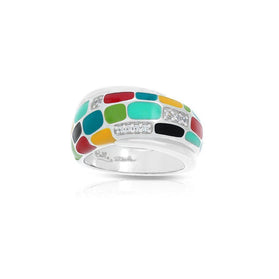 Sterling silver ring with multicolor enamel mosaic and clear stone accents, curved band