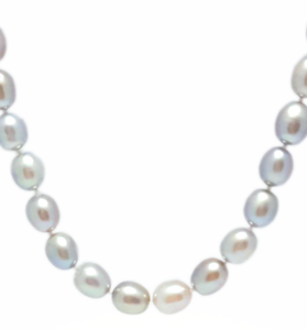 Rice pearl necklace with oval grey pearls on a white-gold tone chain