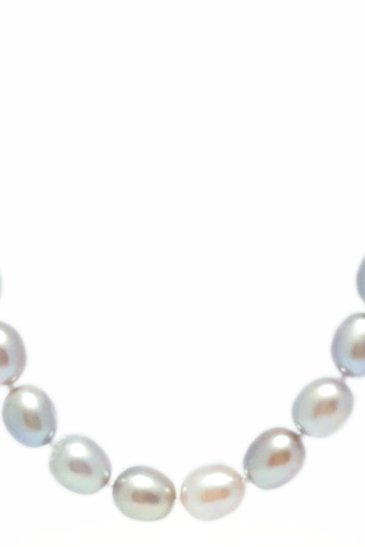 Rice pearl necklace with oval grey pearls on a white-gold tone chain