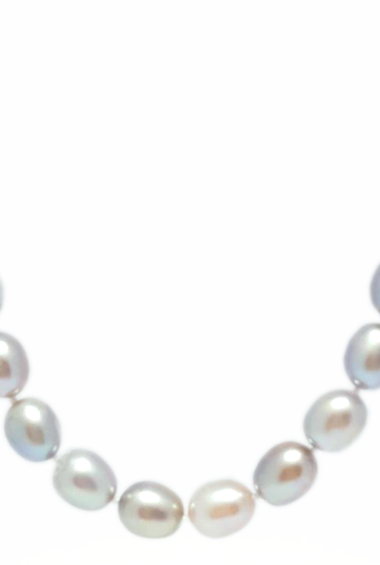 Rice pearl necklace with oval grey pearls on a white-gold tone chain