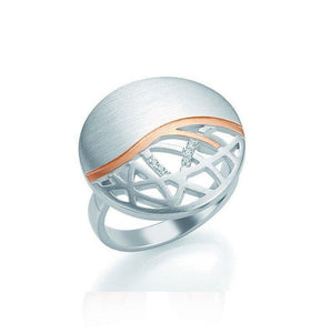 Rhodium plated sterling silver with carved out lace detail on one halve separated by rose gold