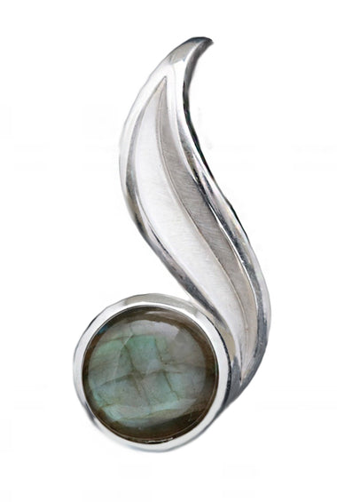 Silver pendant with oval labradorite stone in curved leaf bezel