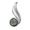 Silver pendant with oval labradorite stone in curved leaf bezel