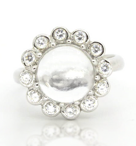 Statement ring of white topaz cabochon made with sterling silver 