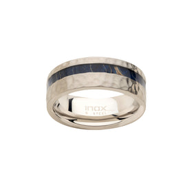 Stainless steel ring with blue dyed wood inlay strip and polished inner band