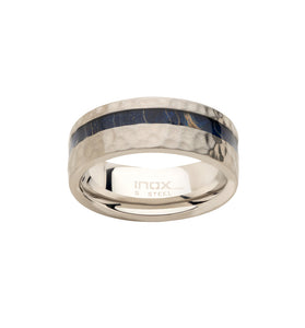 Stainless steel ring with blue dyed wood inlay strip and polished inner band