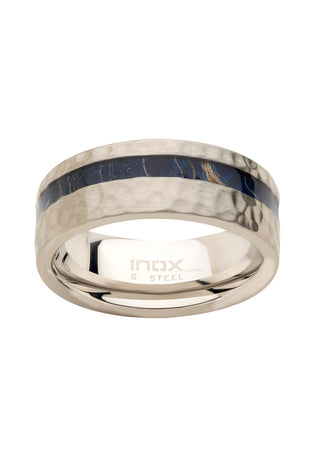 Stainless steel ring with blue dyed wood inlay strip and polished inner band