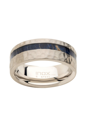Stainless steel ring with blue dyed wood inlay strip and polished inner band