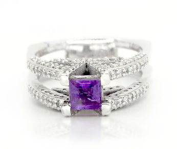 Sterling silver V-ring with square amethyst center and sparkling pave bands