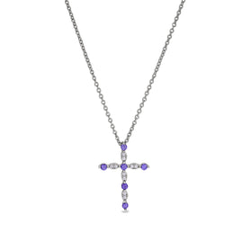 Sterling silver cross pendant with amethyst gemstones and link chain