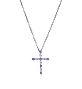 Sterling silver cross pendant with amethyst gemstones and link chain