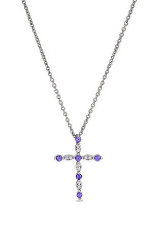 Sterling silver cross pendant with amethyst gemstones and link chain