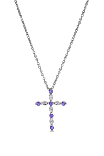 Sterling silver cross pendant with amethyst gemstones and link chain