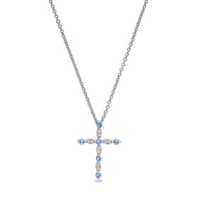 Sterling silver cross pendant with aquamarine gemstones and matching chain