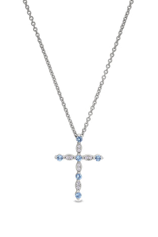 Sterling silver cross pendant with aquamarine gemstones and matching chain