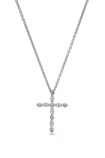 Sterling silver cross pendant with aquamarine gemstones and matching chain