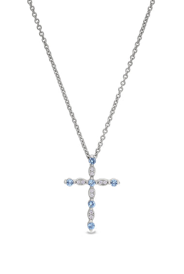Sterling silver cross pendant with aquamarine gemstones and matching chain