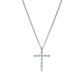 Sterling silver cross pendant with blue topaz stones and link chain