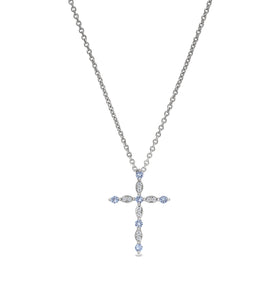 Sterling silver cross pendant with blue topaz stones and link chain