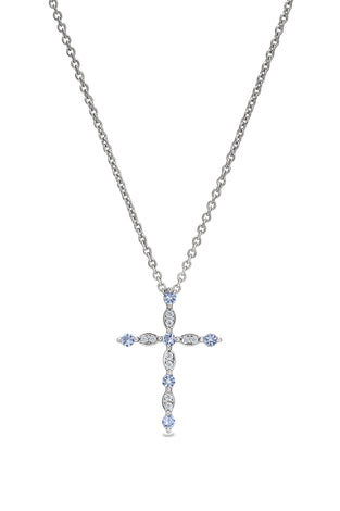 Sterling silver cross pendant with blue topaz stones and link chain