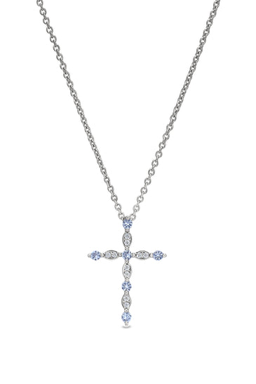 Sterling silver cross pendant with blue topaz stones and link chain