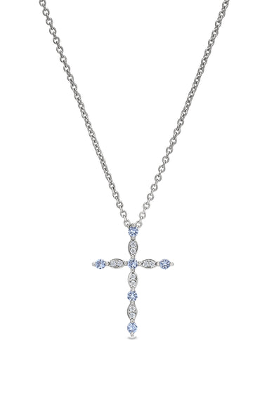 Sterling silver cross pendant with blue topaz stones and link chain