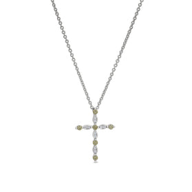 Sterling silver cross pendant with peridot-style green stones on chain