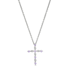 Sterling silver cross pendant with pink sapphire stones and silver chain