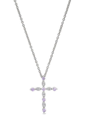 Sterling silver cross pendant with pink sapphire stones and silver chain