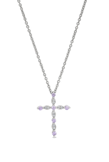 Sterling silver cross pendant with pink sapphire stones and silver chain
