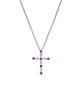 Sterling silver cross pendant with purple ruby-style stones on chain