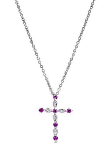 Sterling silver cross pendant with purple ruby-style stones on chain