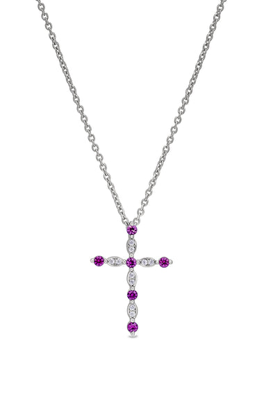 Sterling silver cross pendant with purple ruby-style stones on chain
